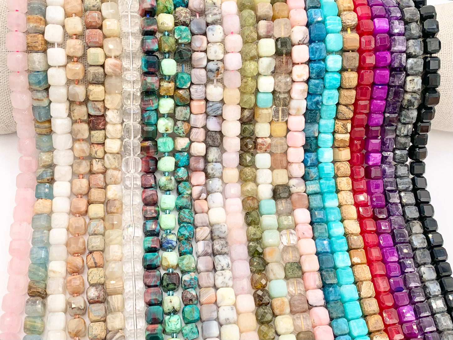 Assorted High Quality Stone Hand Cut Faceted Cube Beads 17 Different Natural Stone Beads 7-8mm 15" Strand