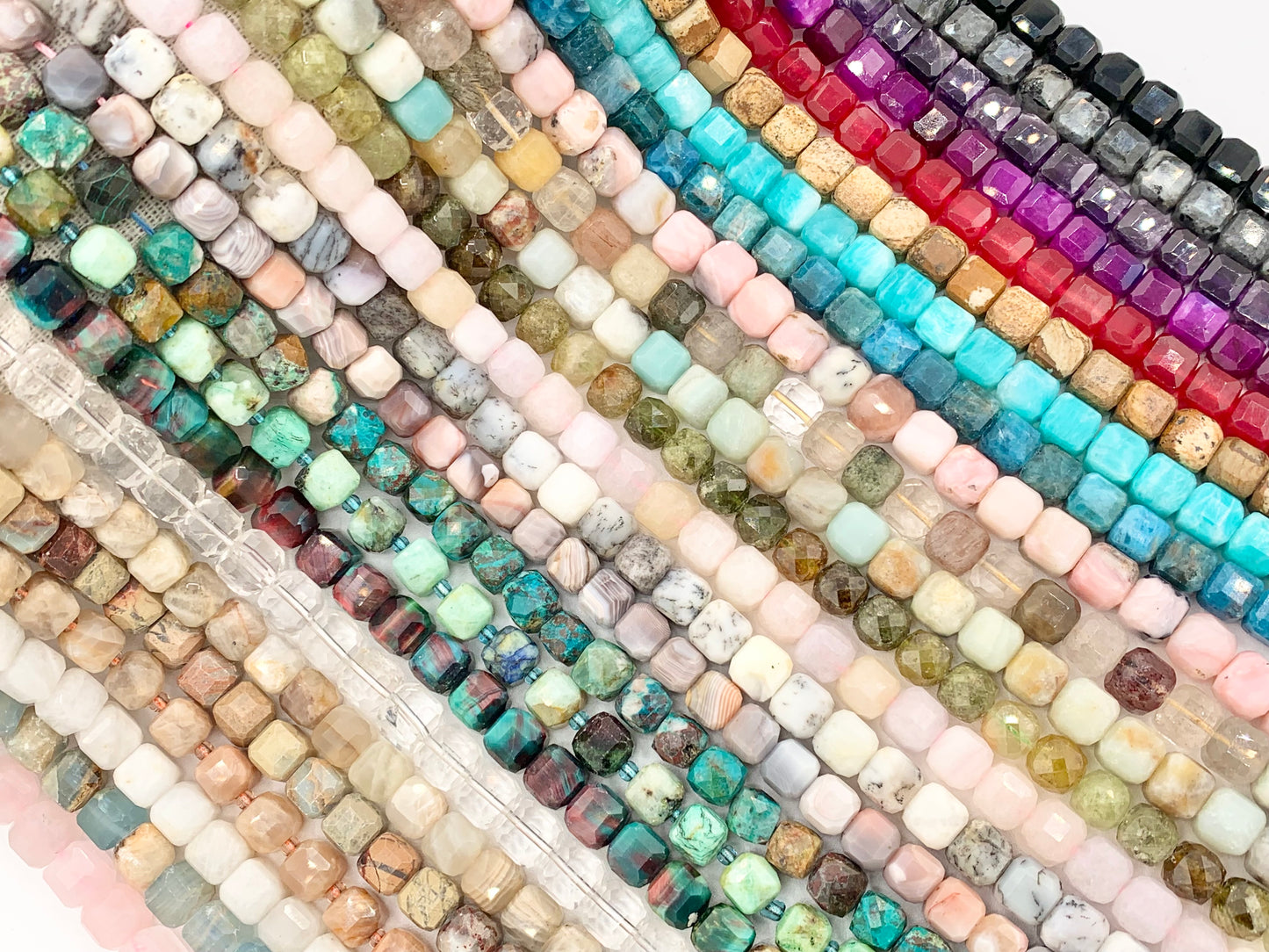 Assorted High Quality Stone Hand Cut Faceted Cube Beads 17 Different Natural Stone Beads 7-8mm 15" Strand