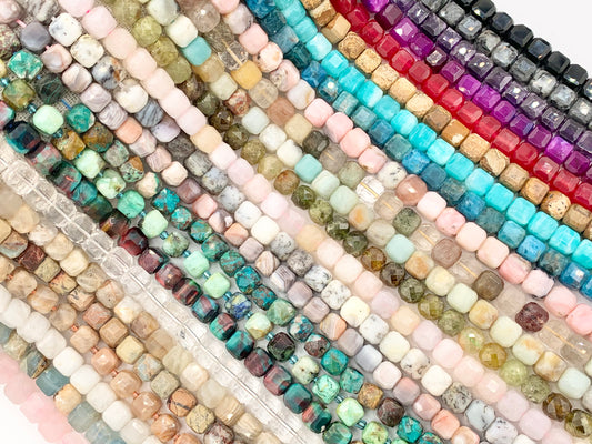 Assorted High Quality Stone Hand Cut Faceted Cube Beads 17 Different Natural Stone Beads 7-8mm 15" Strand