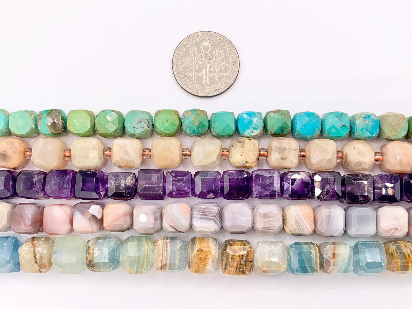 Assorted High Quality Stone Hand Cut Faceted Cube Beads 17 Different Natural Stone Beads 7-8mm 15" Strand