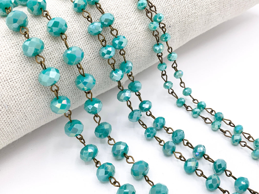 Turquoise AB Color Crystal Roundelle Faceted Rosary Beaded Chain With Brass Wire By Spool 6mm 8mm 10mm