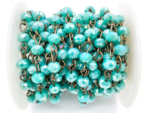 Load image into Gallery viewer, Turquoise AB Color Crystal Roundelle Faceted Rosary Beaded Chain With Brass Wire By Spool 6mm 8mm 10mm
