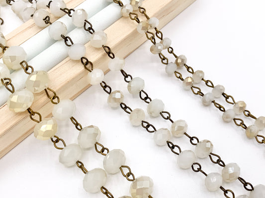 Cream Half Coated Crystal Rondelle Faceted Rosary Beaded Chain With Brass Wire By Spool 6mm 8mm 10mm