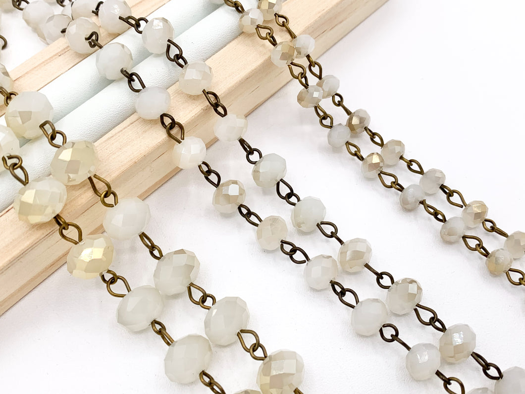 Cream Half Coated Crystal Rondelle Faceted Rosary Beaded Chain With Brass Wire By Spool 6mm 8mm 10mm