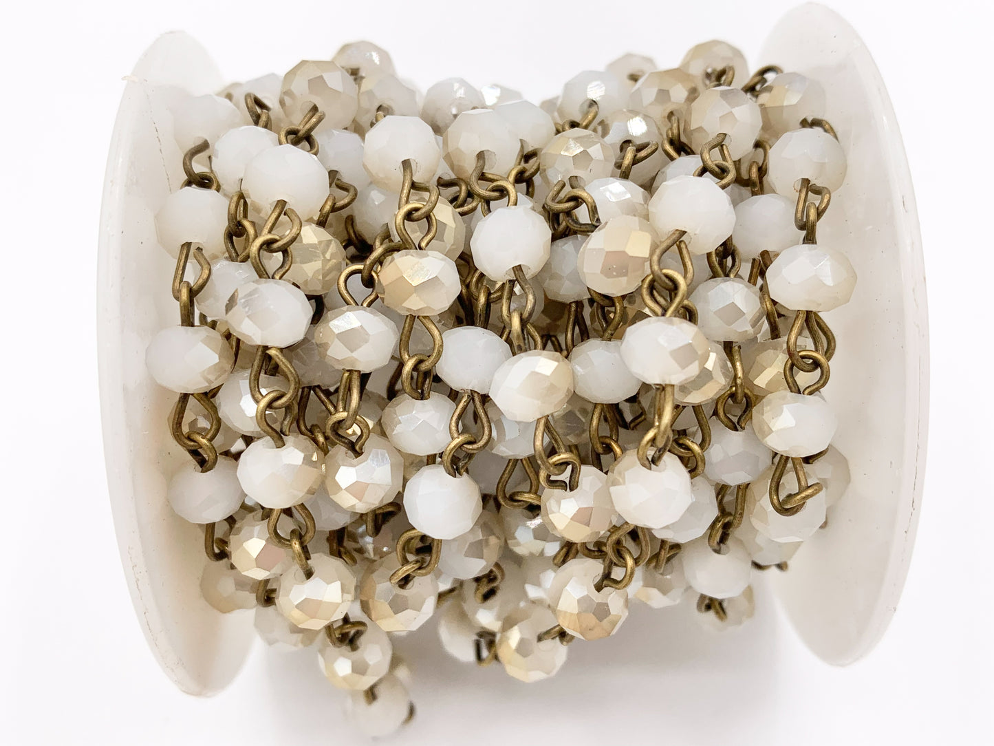Cream Half Coated Crystal Rondelle Faceted Rosary Beaded Chain With Brass Wire By Spool 6mm 8mm 10mm