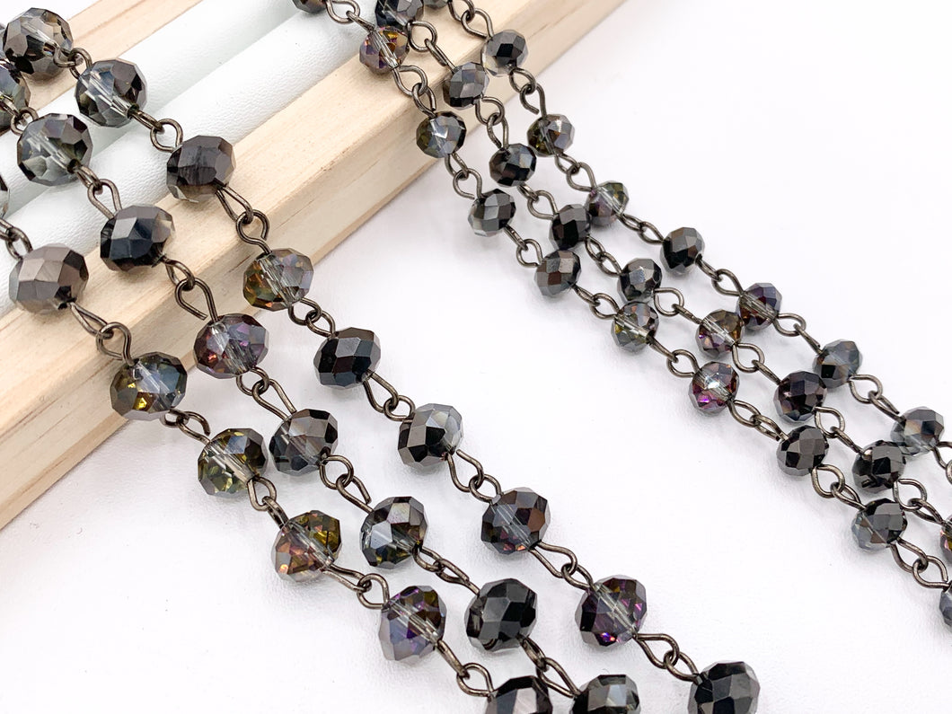 Black + Purple Half Coated Crystal Rondelle Faceted Rosary Beaded Chain With Gunmetal Wire By Spool 6mm 8mm