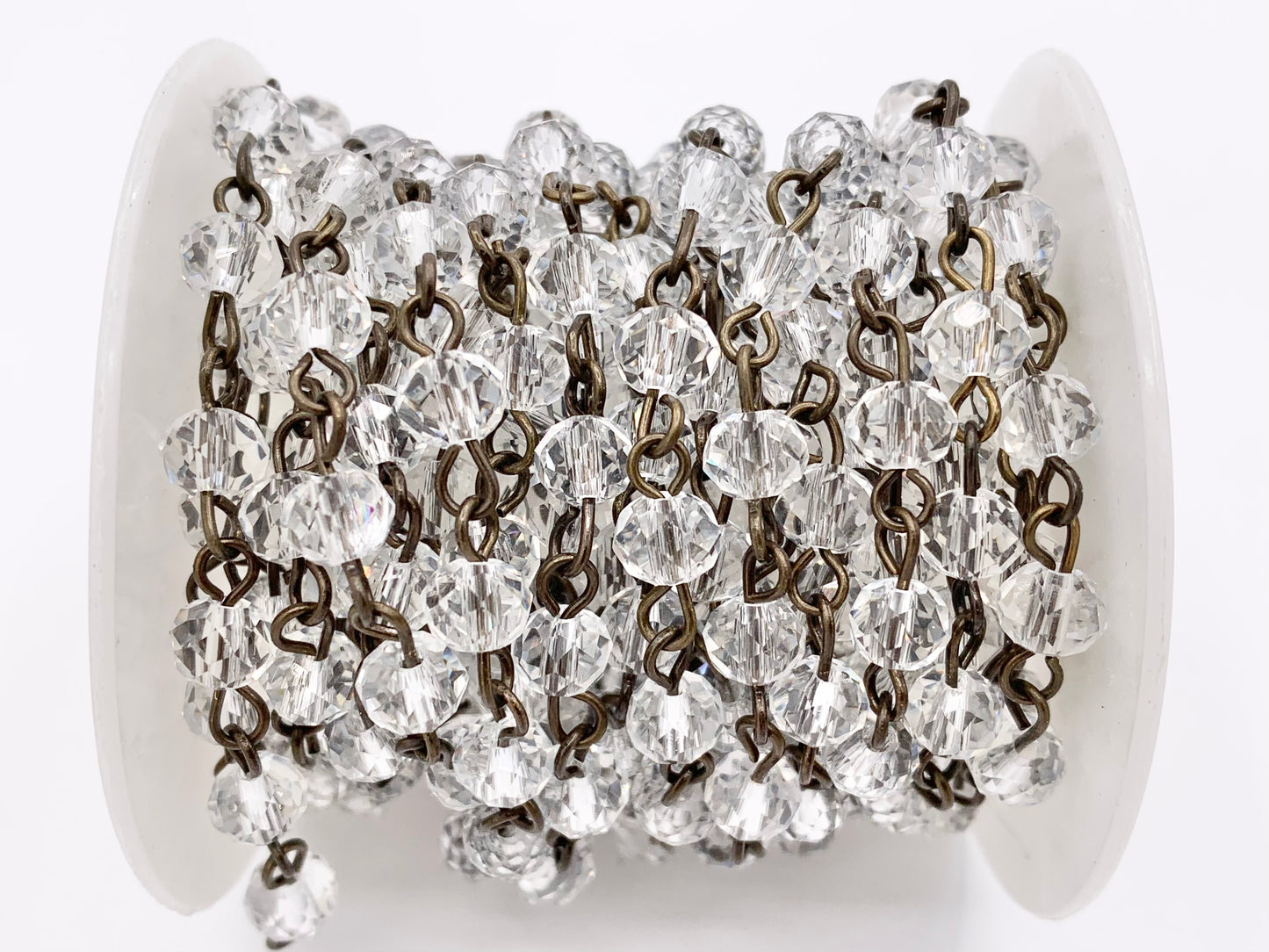 Clear Crystal Rondelle Faceted Rosary Beaded Chain With Brass Wire By Spool 6mm 8mm