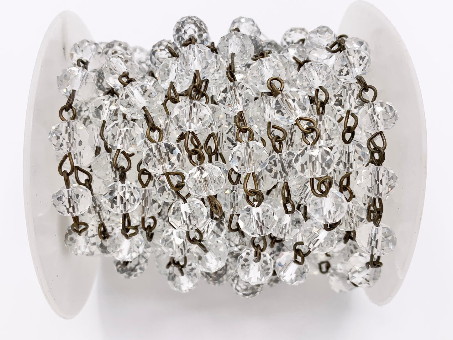 Clear Crystal Rondelle Faceted Rosary Beaded Chain With Brass Wire By Spool 6mm 8mm