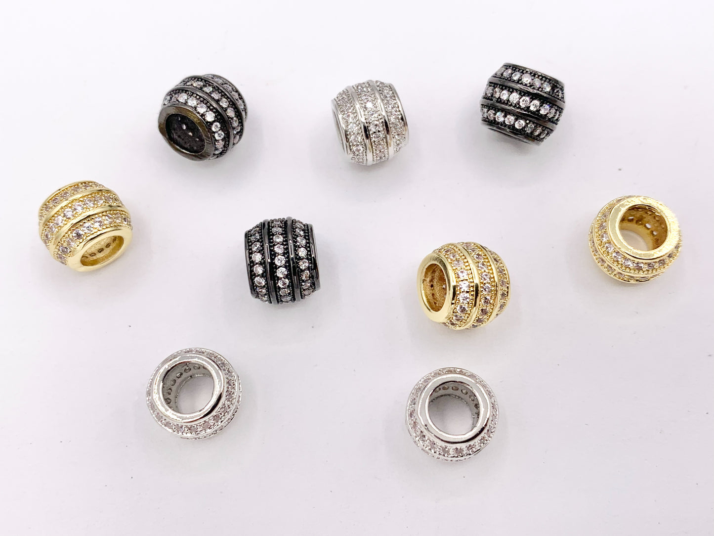7.5x9mm Barrel Shape Large Hole Spacers Micro CZ Pave Beads in Real 18K Gold/Platinum/Gunmetal Plated Over Copper 8PCS