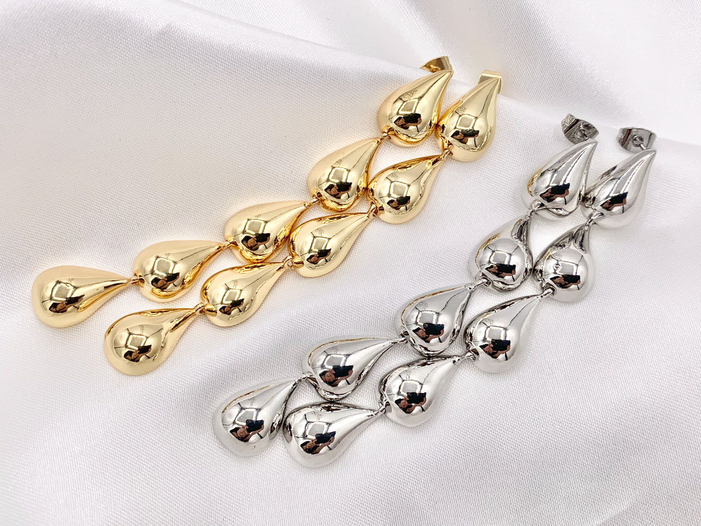 Lightweight Long Dangle Drop Puffy Earrings in 18K Gold or Silver Plated Copper 2 PAIRS