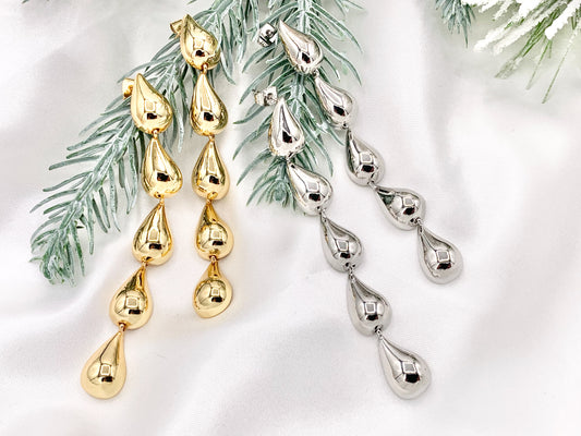 Lightweight Long Dangle Drop Puffy Earrings in 18K Gold or Silver Plated Copper 2 PAIRS