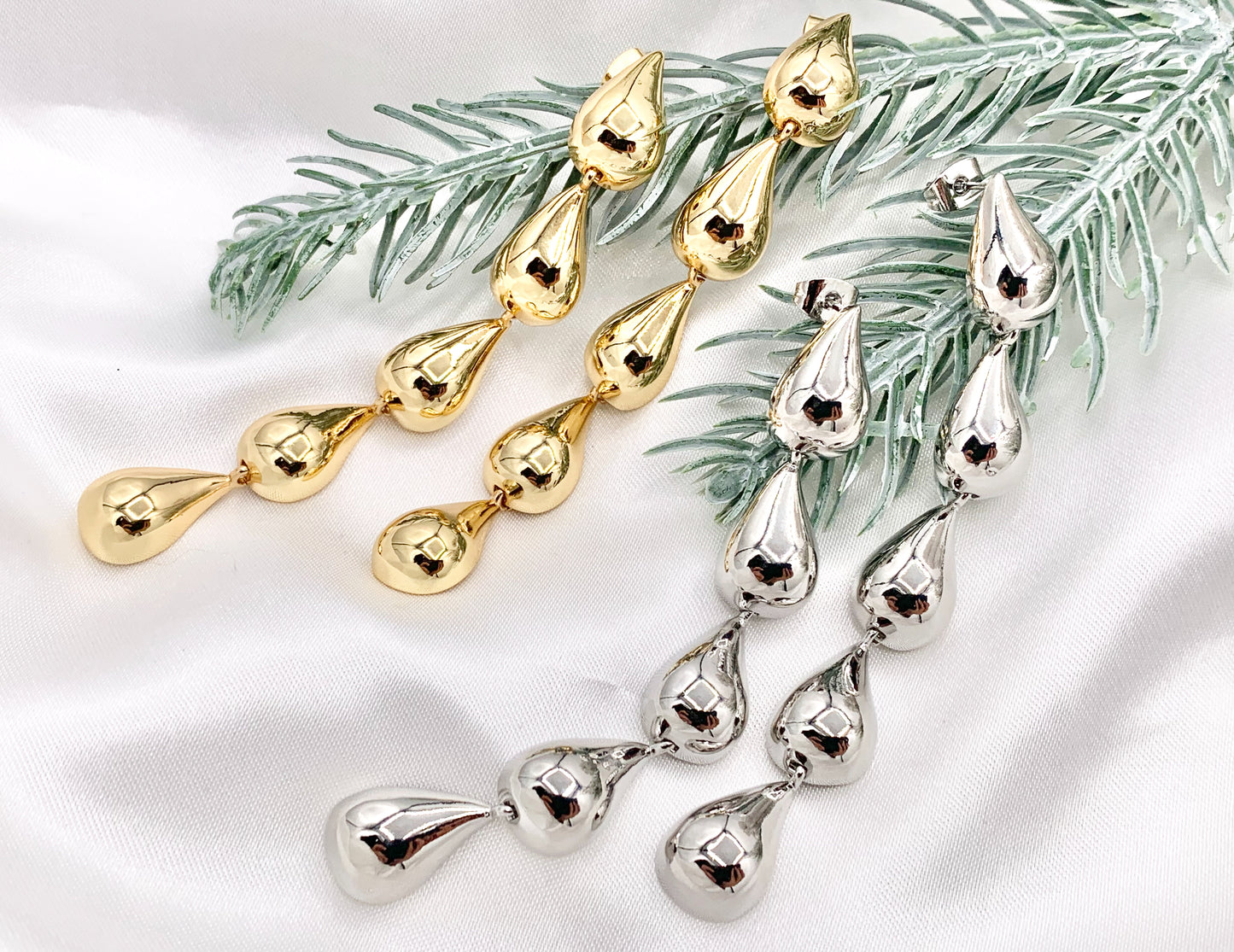 Lightweight Long Dangle Drop Puffy Earrings in 18K Gold or Silver Plated Copper 2 PAIRS