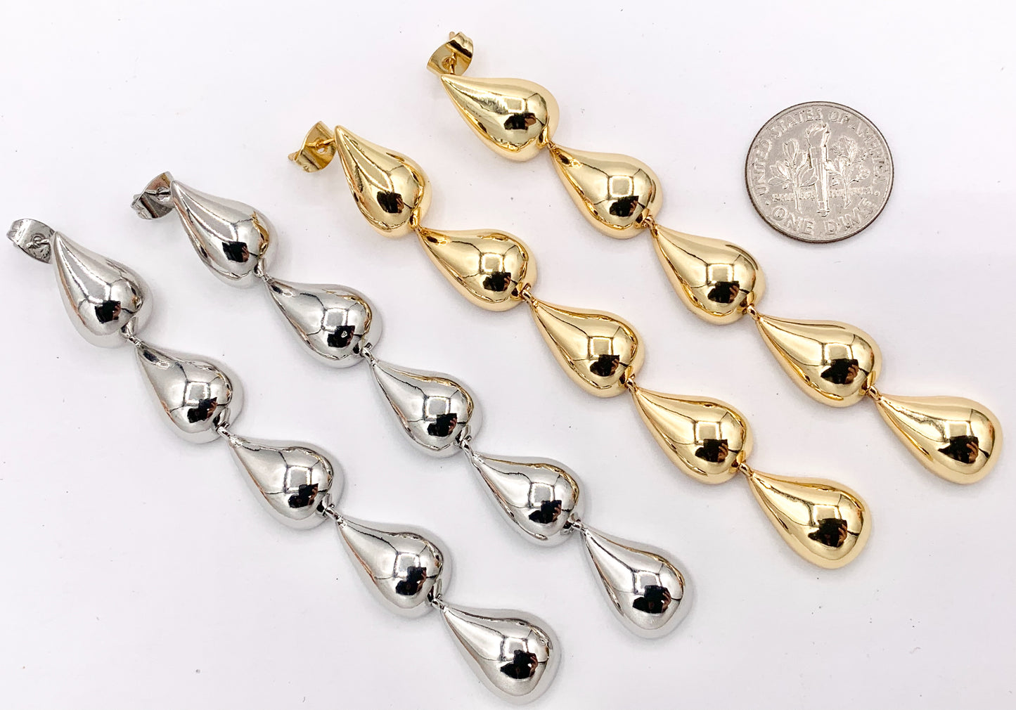 Lightweight Long Dangle Drop Puffy Earrings in 18K Gold or Silver Plated Copper 2 PAIRS