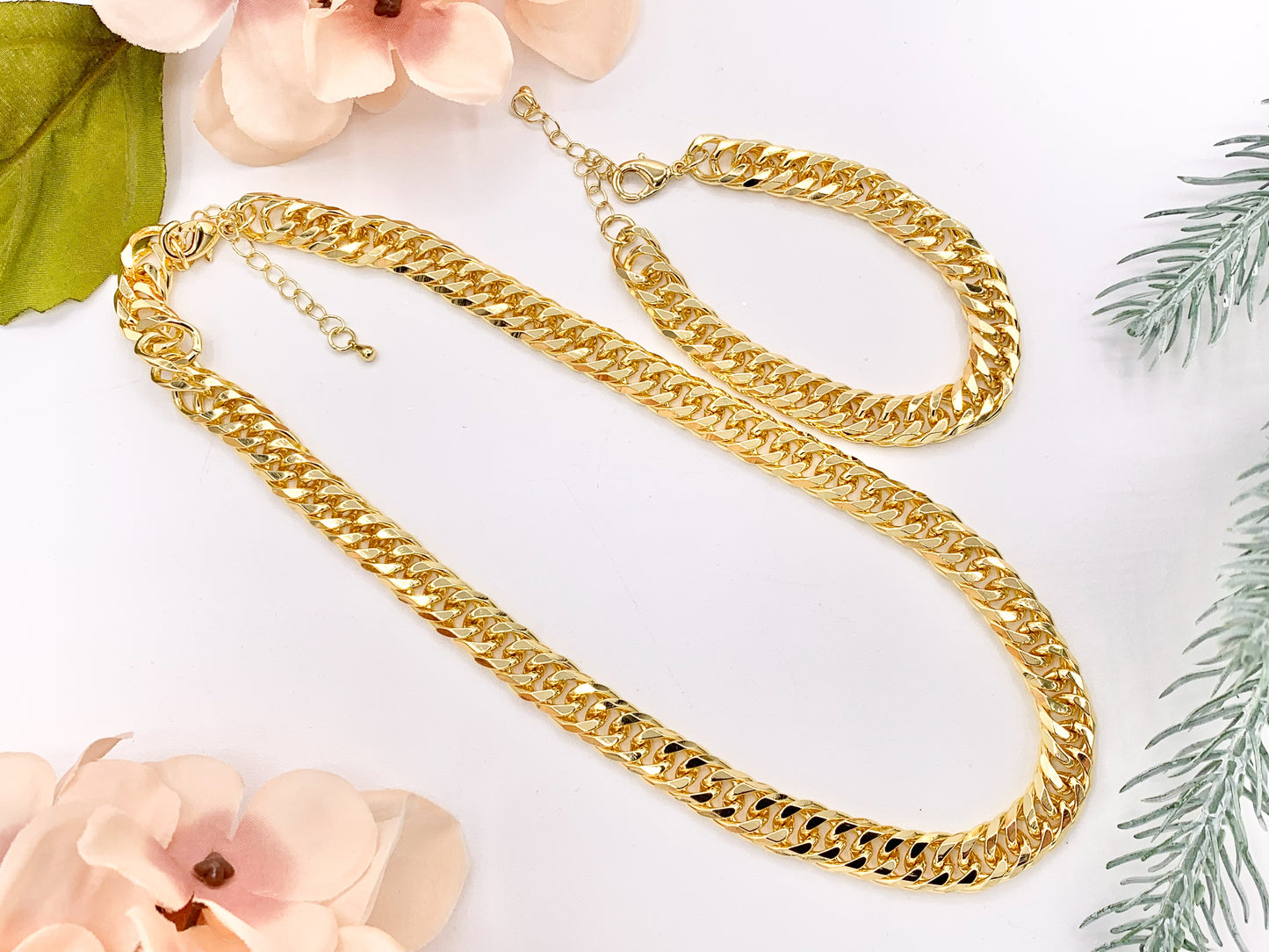 Chunky Curb Necklace/Bracelet Gold Plated Copper Finished Necklace 18" Bracelet 7" with Extension Link