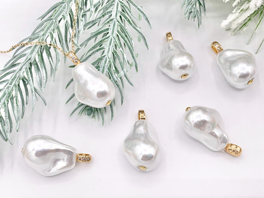 Beautiful Baroque Shape Shell Pearl Pendants with Real Gold 18K Plated CZ Pave Over Copper Loop 6 PCS