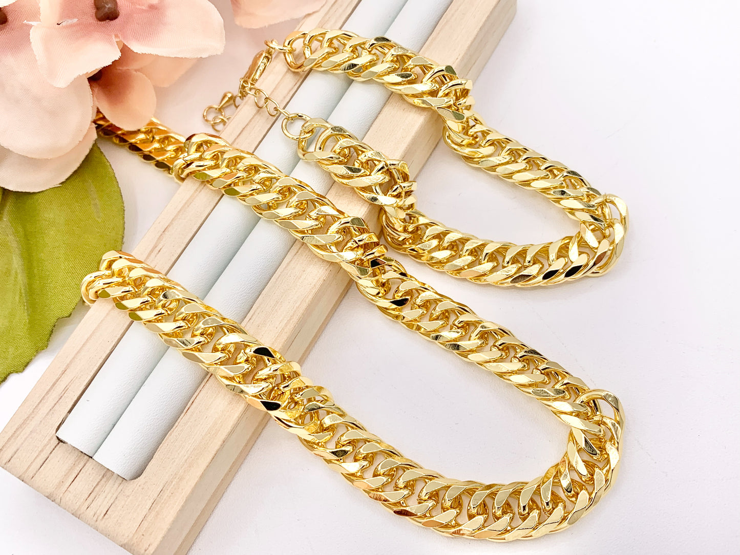 Chunky Curb Necklace/Bracelet Gold Plated Copper Finished Necklace 18" Bracelet 7" with Extension Link