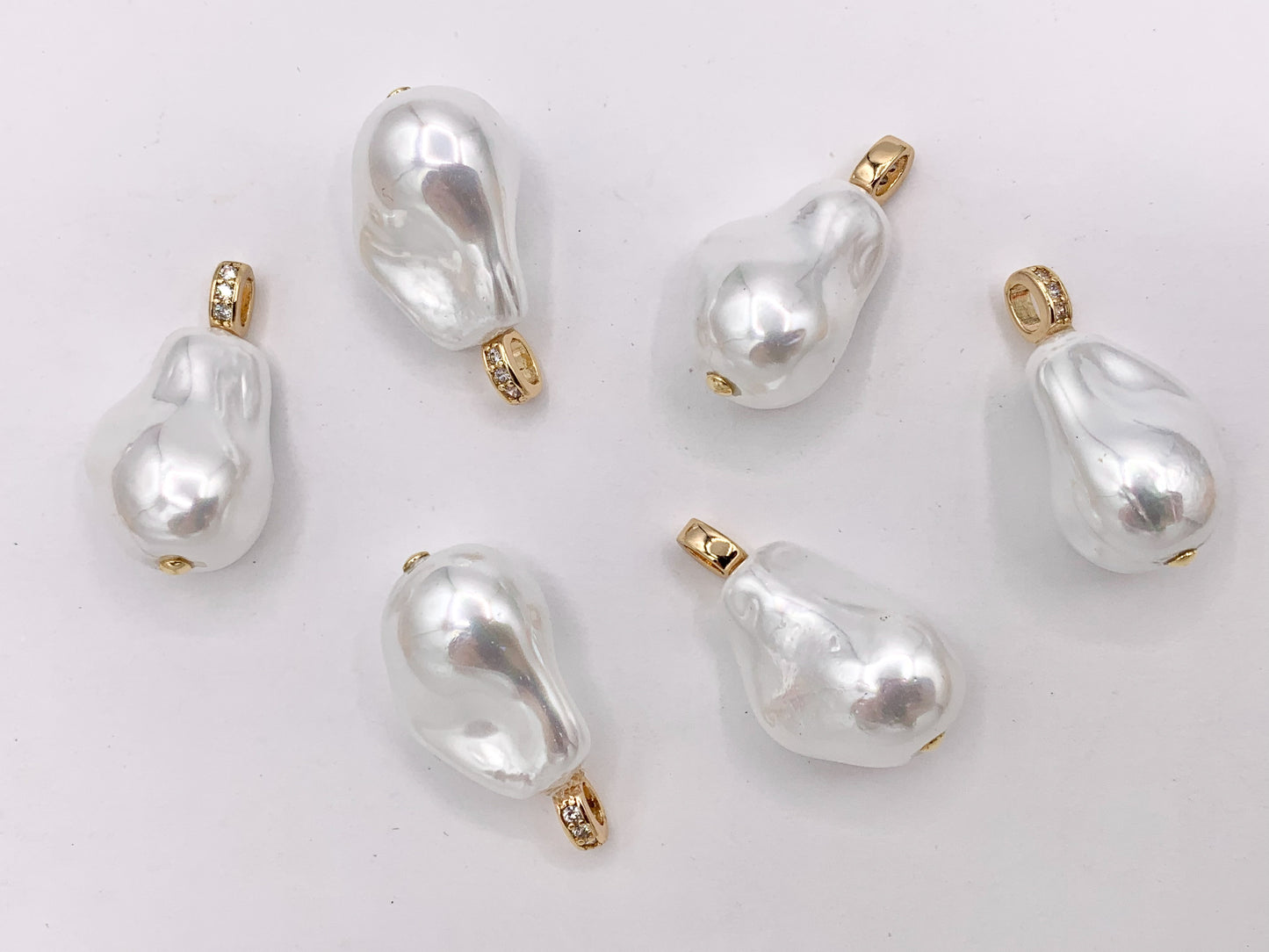 Beautiful Baroque Shape Shell Pearl Pendants with Real Gold 18K Plated CZ Pave Over Copper Loop 6 PCS