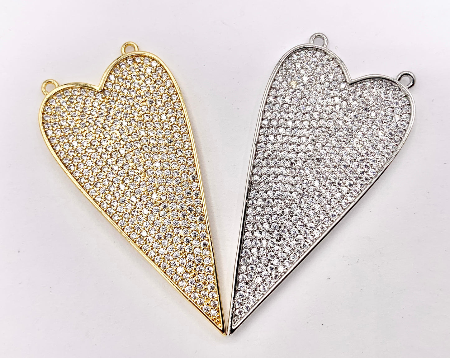 Large Flat 2 Loop Heart Pave Pendant in Real 18K Gold/Silver Plated Micro CZ Over Copper 2 PCS