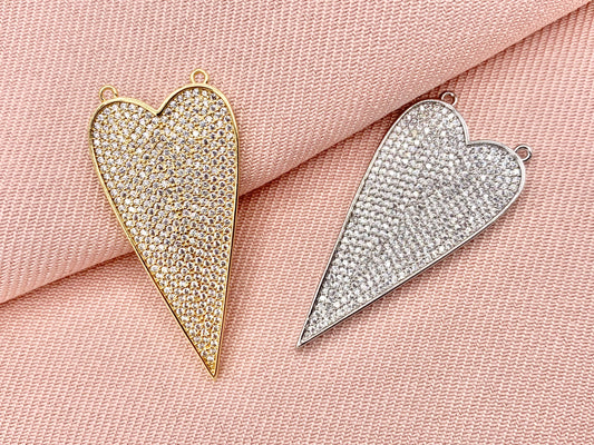 Large Flat 2 Loop Heart Pave Pendant in Real 18K Gold/Silver Plated Micro CZ Over Copper 2 PCS