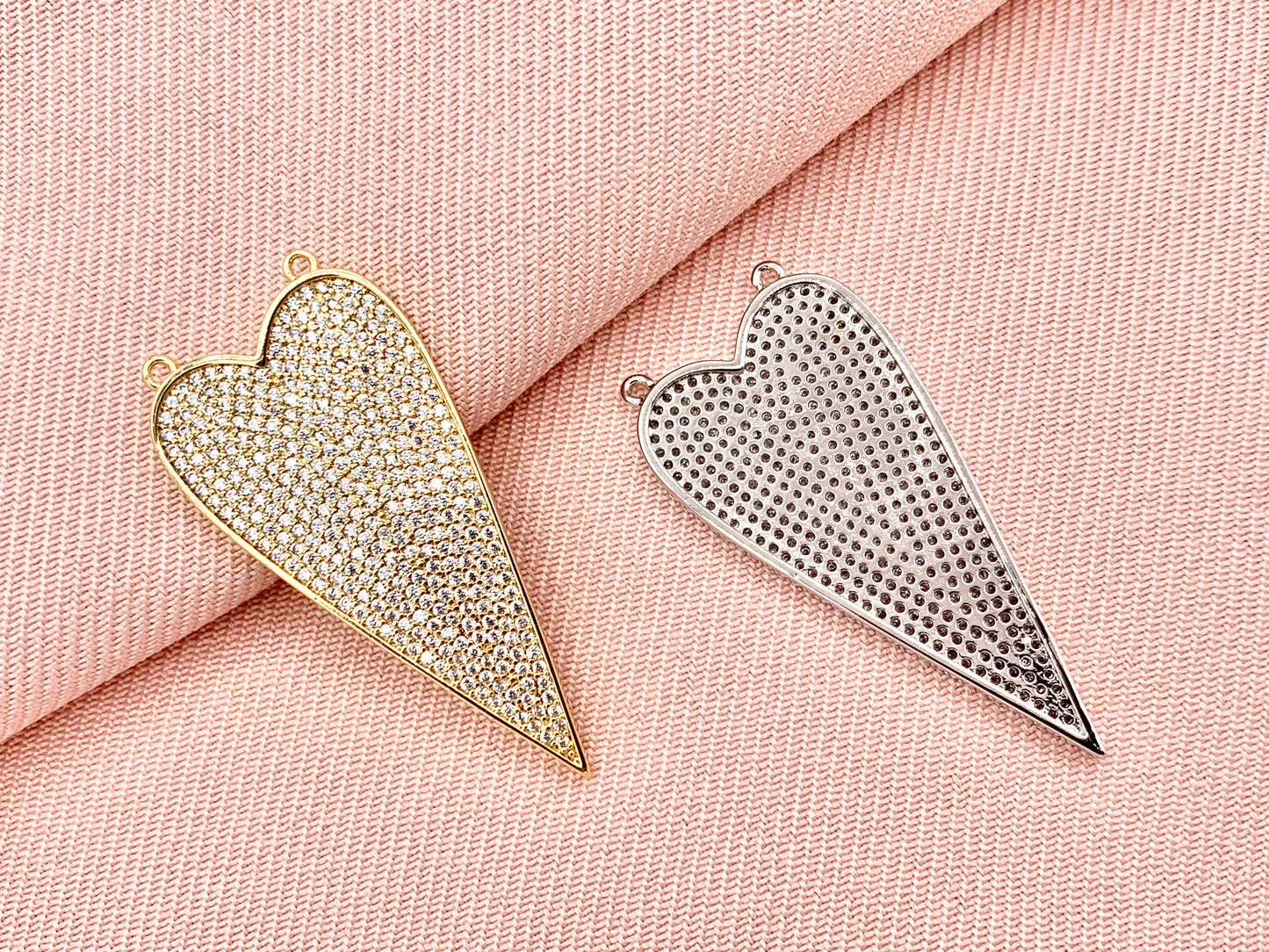Large Flat 2 Loop Heart Pave Pendant in Real 18K Gold/Silver Plated Micro CZ Over Copper 2 PCS