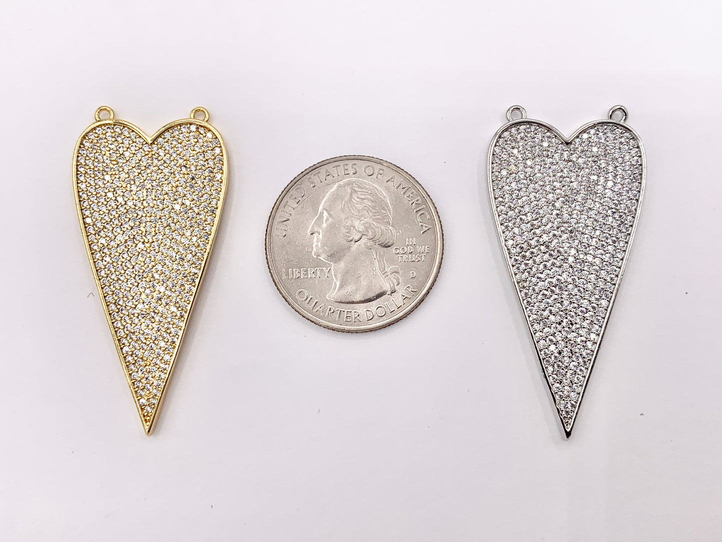 Large Flat 2 Loop Heart Pave Pendant in Real 18K Gold/Silver Plated Micro CZ Over Copper 2 PCS