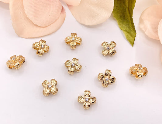 Dainty Mini Flower Quatrefoil Clover Pave Spacer Charms in Real Gold 18K Plated Micro CZ Over Brass 10 PCS