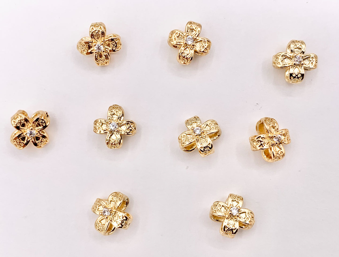 Dainty Mini Flower Quatrefoil Clover Pave Spacer Charms in Real Gold 18K Plated Micro CZ Over Brass 10 PCS