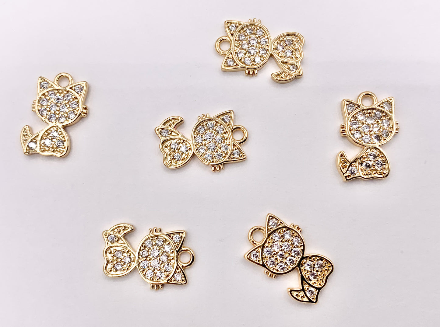 Tiny Cute Kitty Charms Small Cat Pendants in Real Gold 18K Plated CZ Pave Over Copper 10 PCS