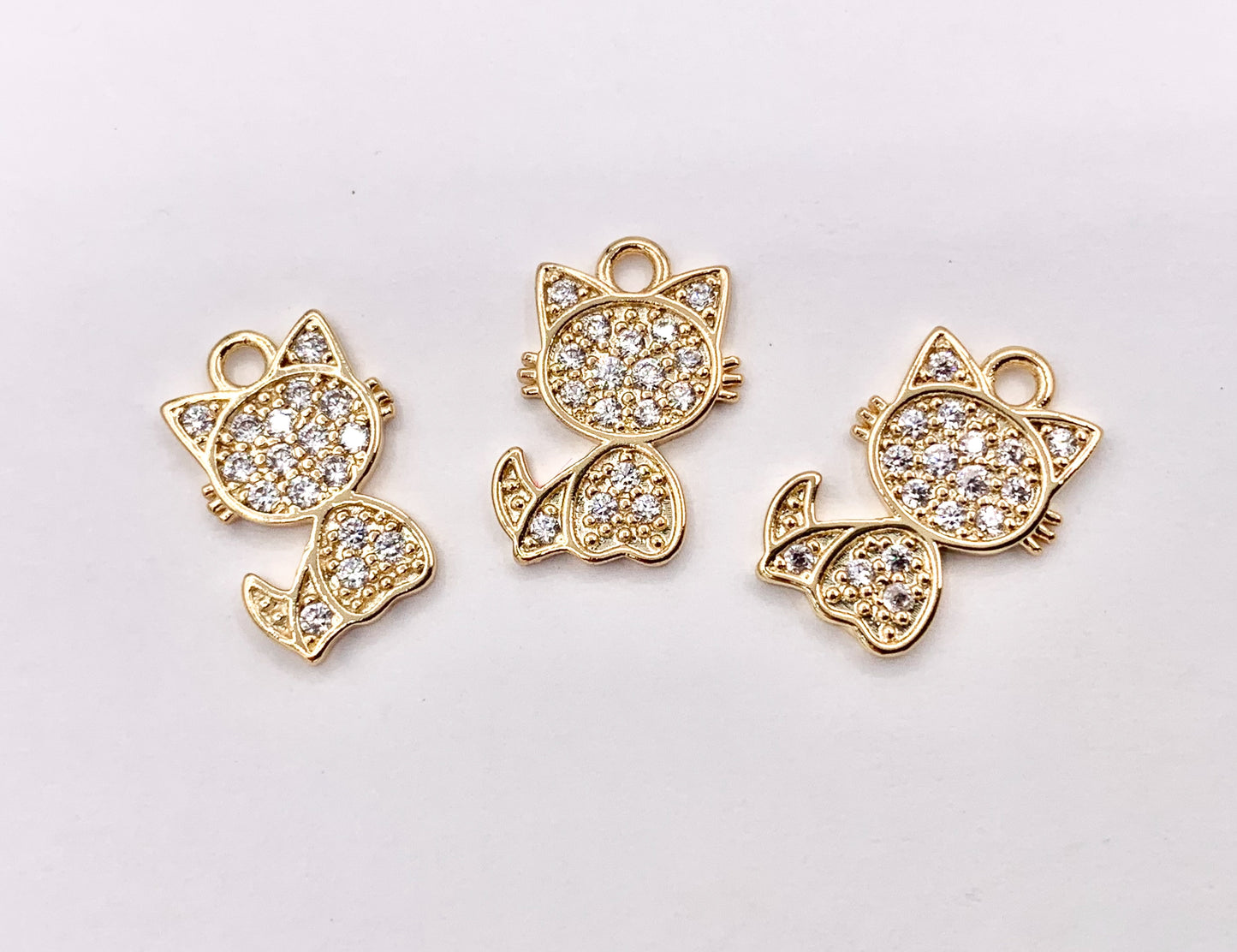 Tiny Cute Kitty Charms Small Cat Pendants in Real Gold 18K Plated CZ Pave Over Copper 10 PCS