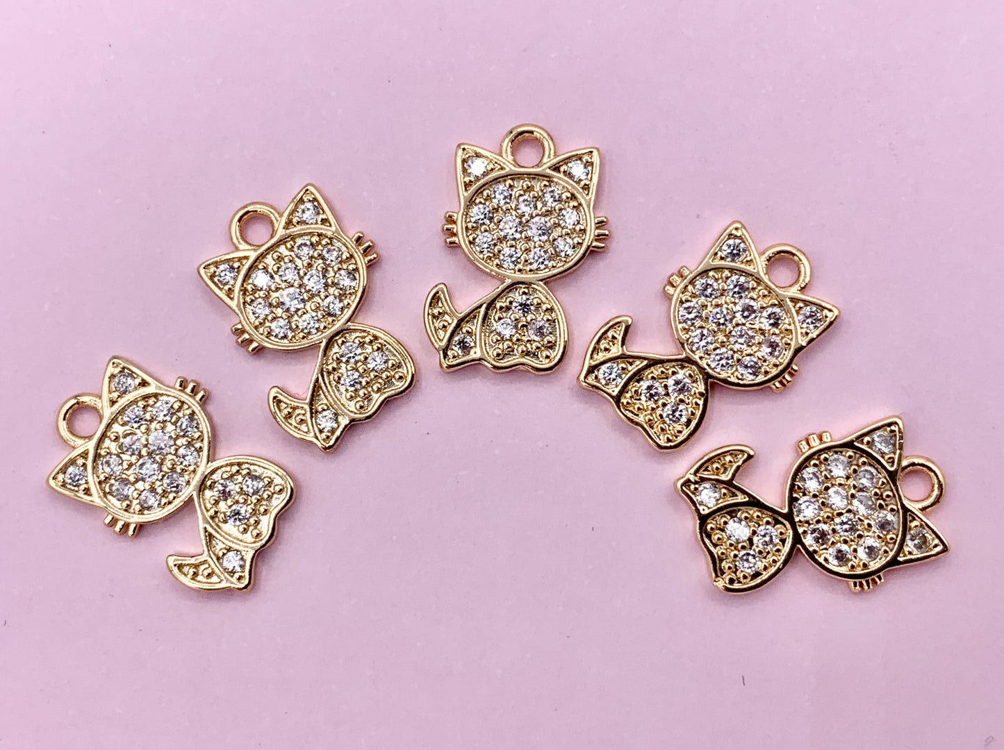 Tiny Cute Kitty Charms Small Cat Pendants in Real Gold 18K Plated CZ Pave Over Copper 10 PCS