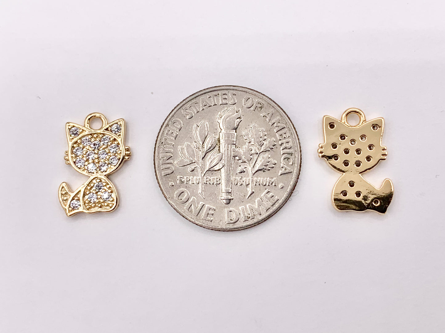 Tiny Cute Kitty Charms Small Cat Pendants in Real Gold 18K Plated CZ Pave Over Copper 10 PCS