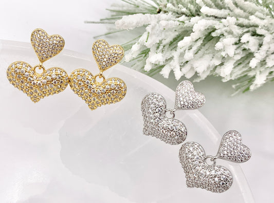 Bold Dangle Puffy Heart Earrings in Rhinestone CZ Pave Designed in 18K Gold or Silver Plated Copper 3 PAIRS