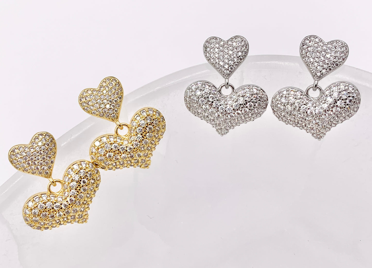 Bold Dangle Puffy Heart Earrings in Rhinestone CZ Pave Designed in 18K Gold or Silver Plated Copper 3 PAIRS