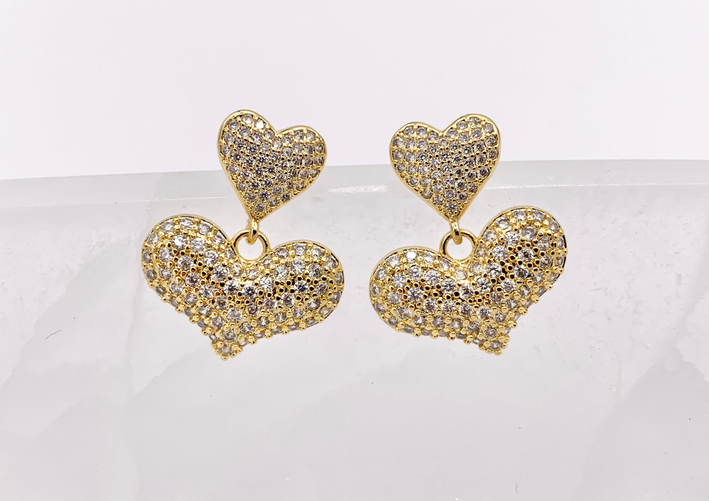 Bold Dangle Puffy Heart Earrings in Rhinestone CZ Pave Designed in 18K Gold or Silver Plated Copper 3 PAIRS