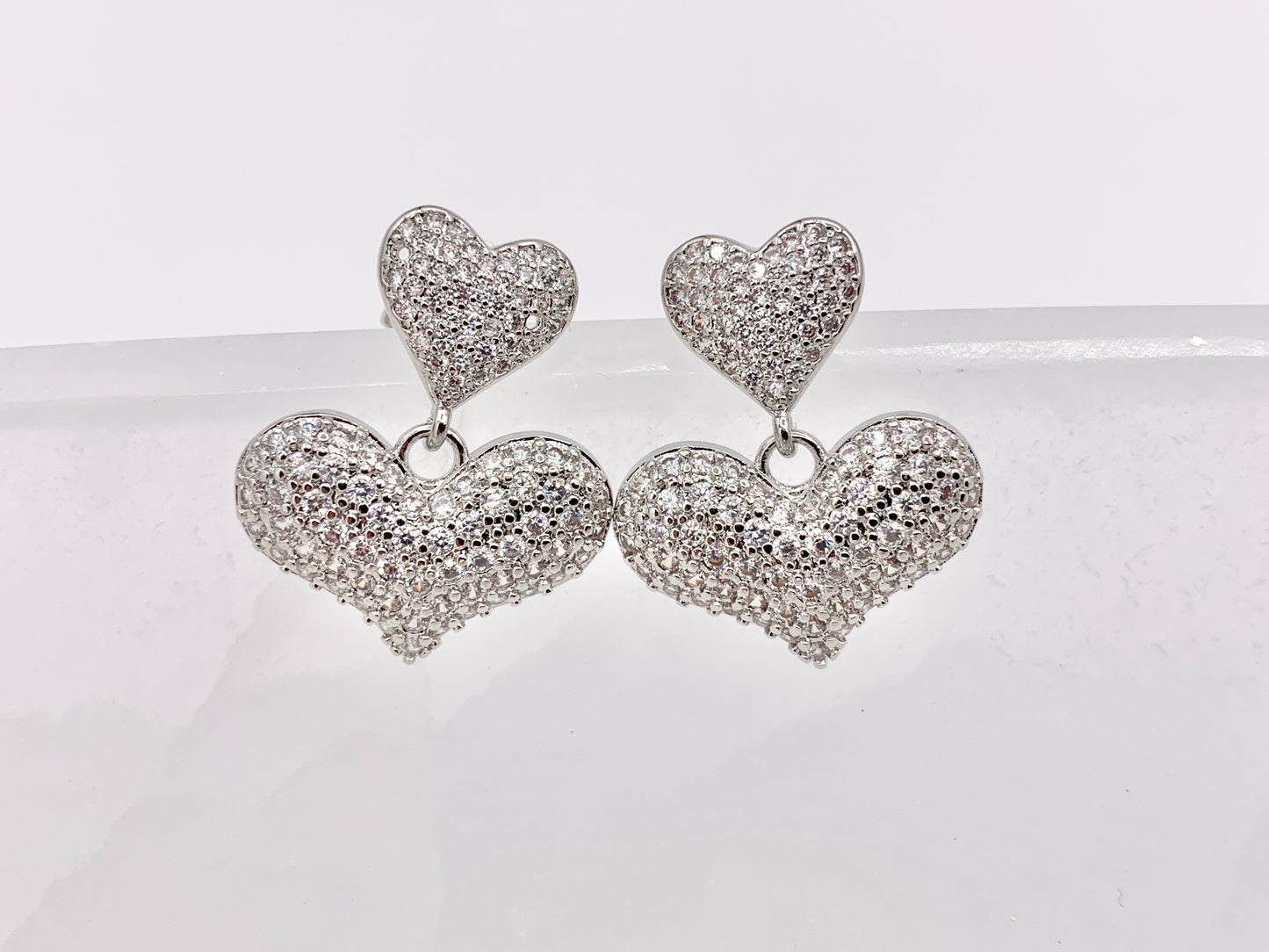 Bold Dangle Puffy Heart Earrings in Rhinestone CZ Pave Designed in 18K Gold or Silver Plated Copper 3 PAIRS