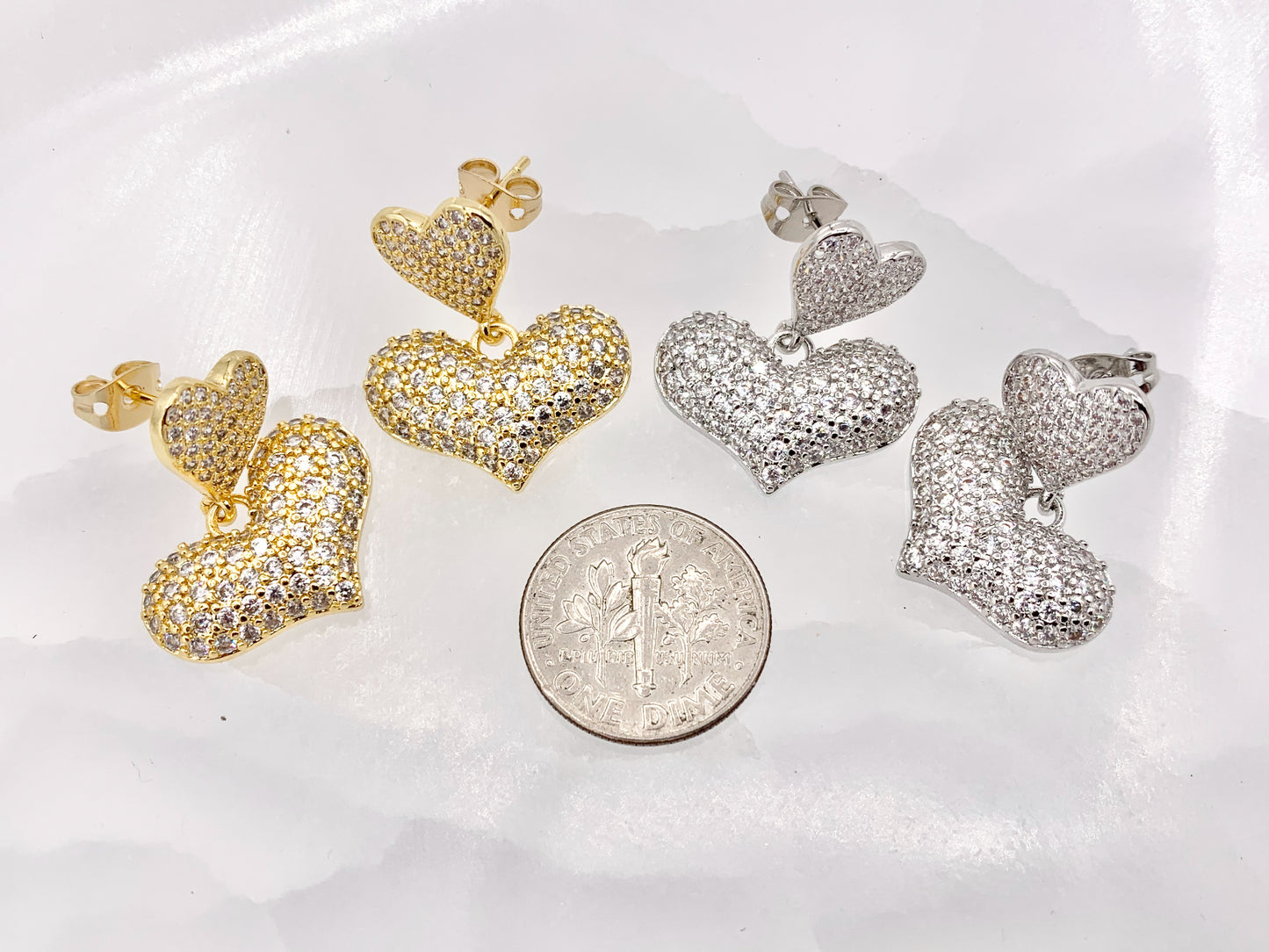 Bold Dangle Puffy Heart Earrings in Rhinestone CZ Pave Designed in 18K Gold or Silver Plated Copper 3 PAIRS