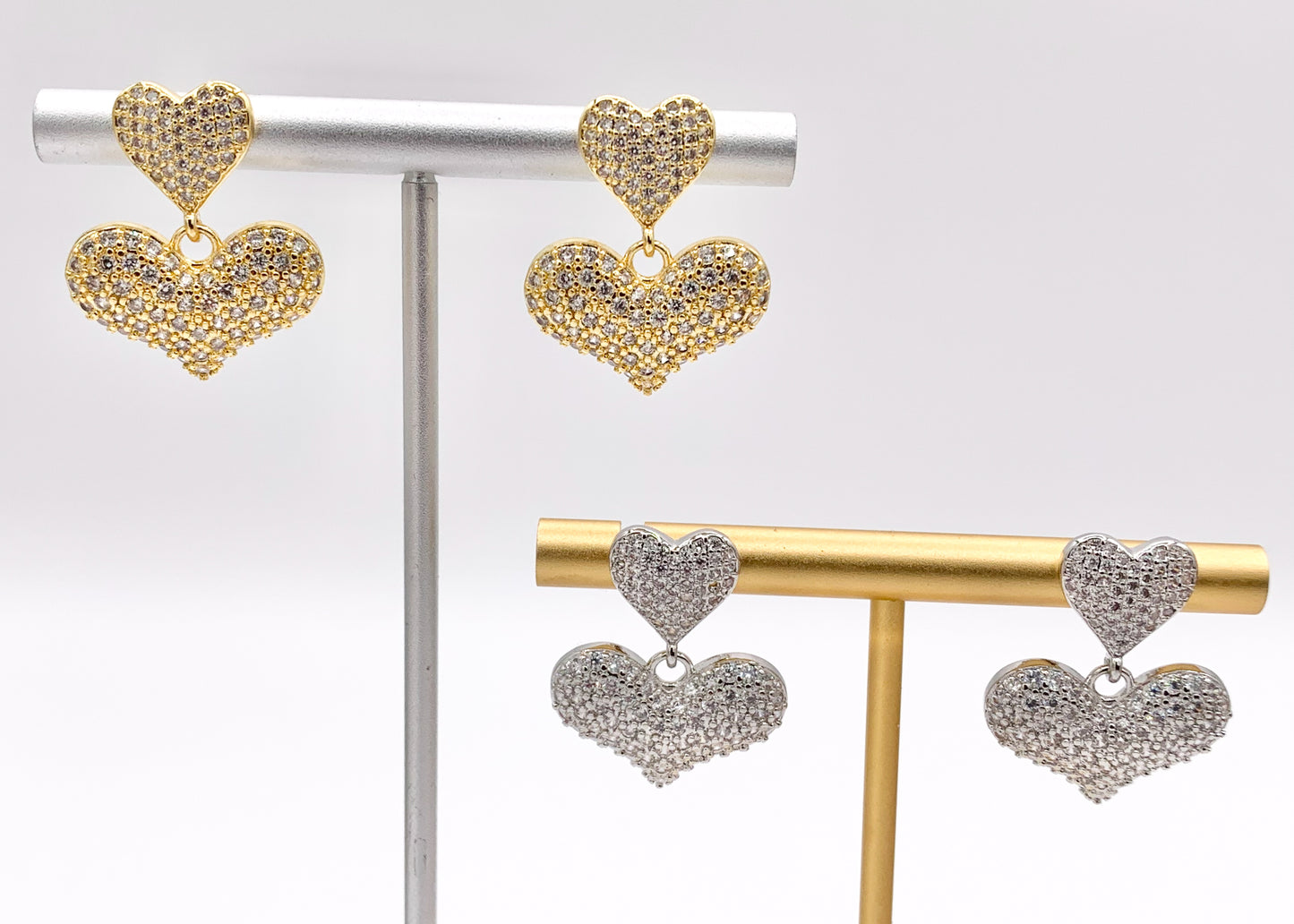 Bold Dangle Puffy Heart Earrings in Rhinestone CZ Pave Designed in 18K Gold or Silver Plated Copper 3 PAIRS
