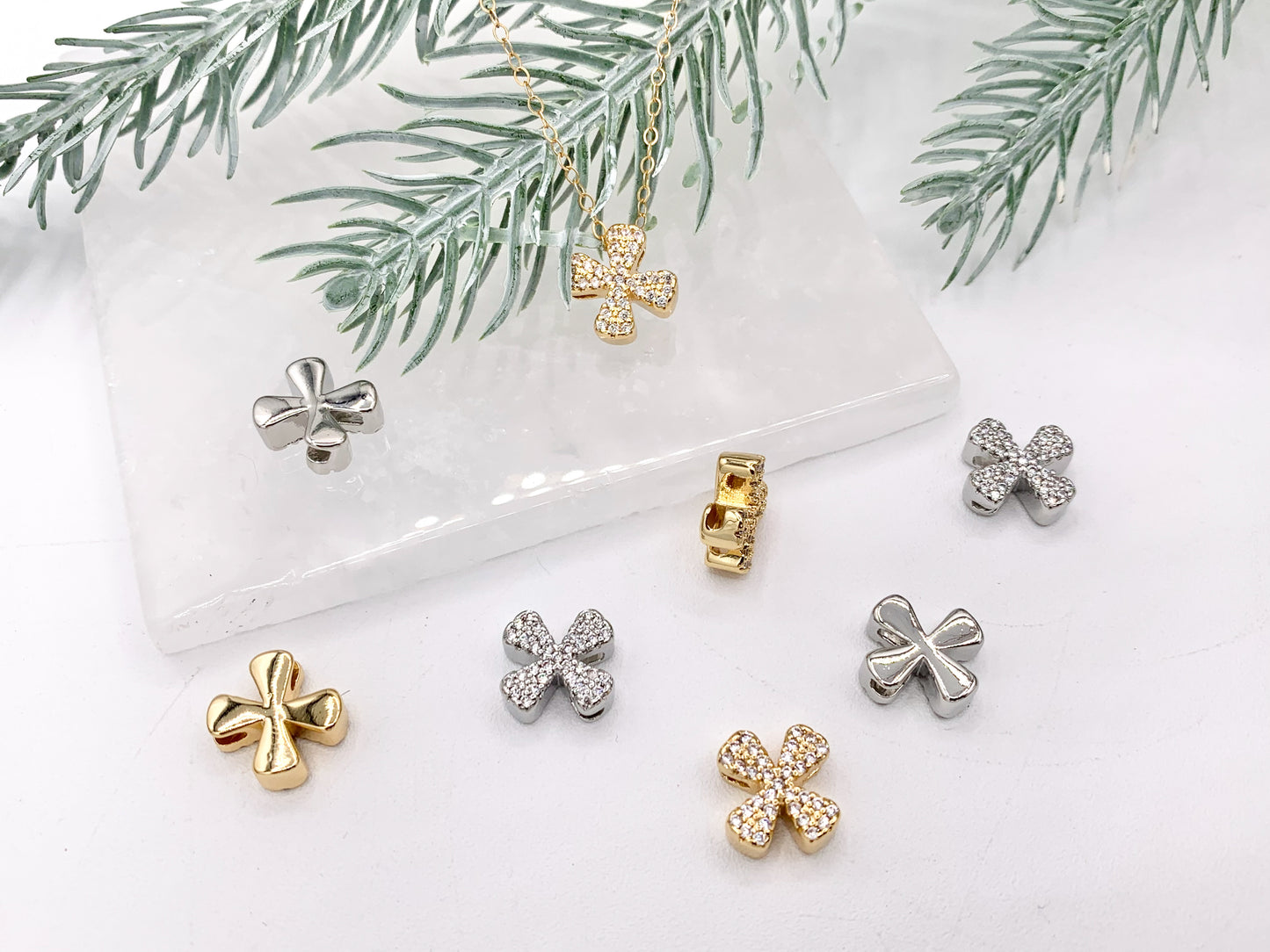 Tiny CZ Pave Cross Charms Pendants in 18K Gold/Platinum Plated Copper 10PCS
