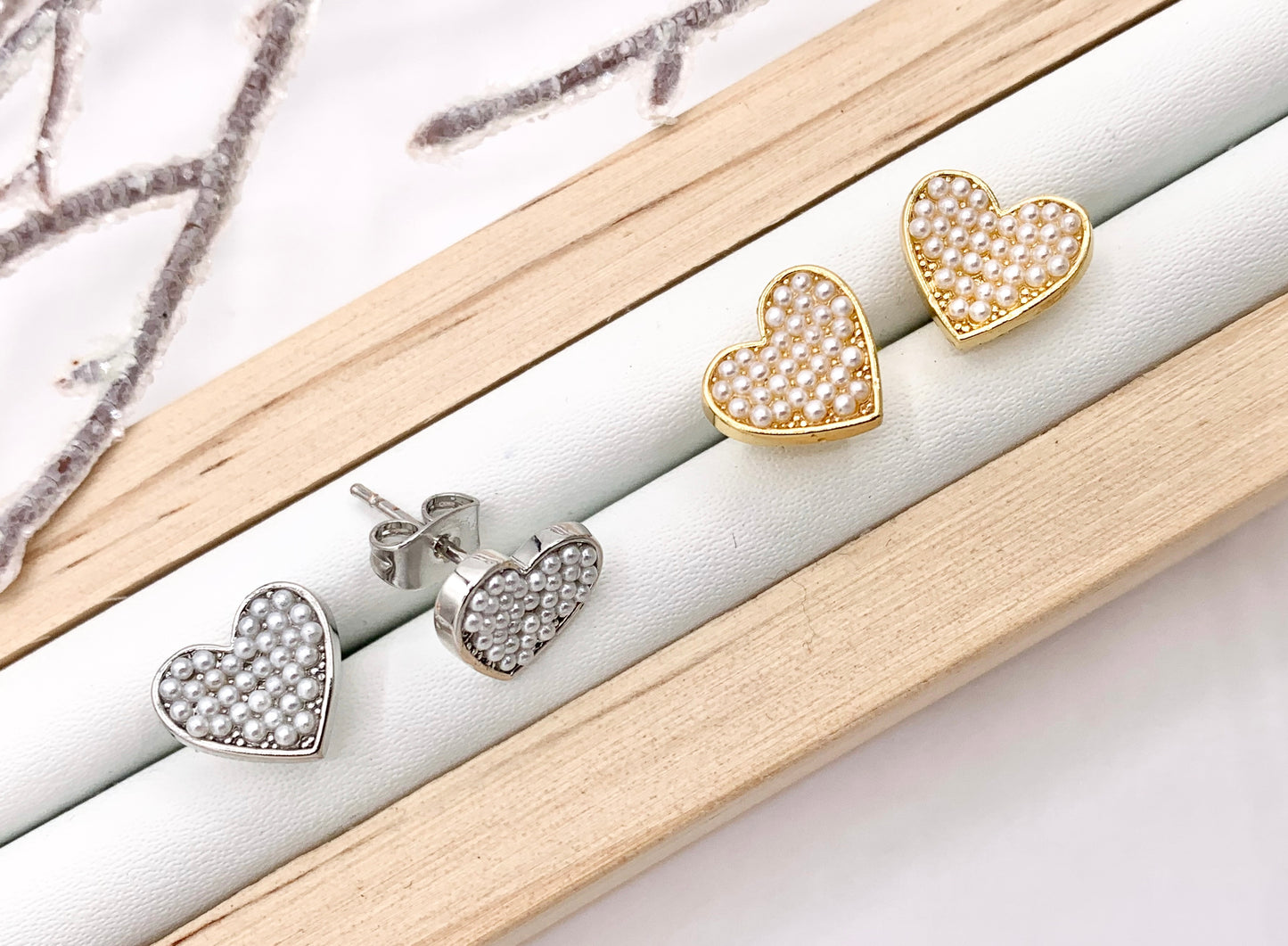 Cute Pearl Heart Earring Stud in Real 18K Gold/Silver Plated Over Copper Valentine's Day Gift Idea 5 PAIRS