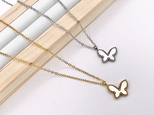 Delicate MOP Butterfly Necklace Gold/Silver Plated Stainless Steel Dainty Flexible Minimalist Finished Necklace 16" with Extension Link