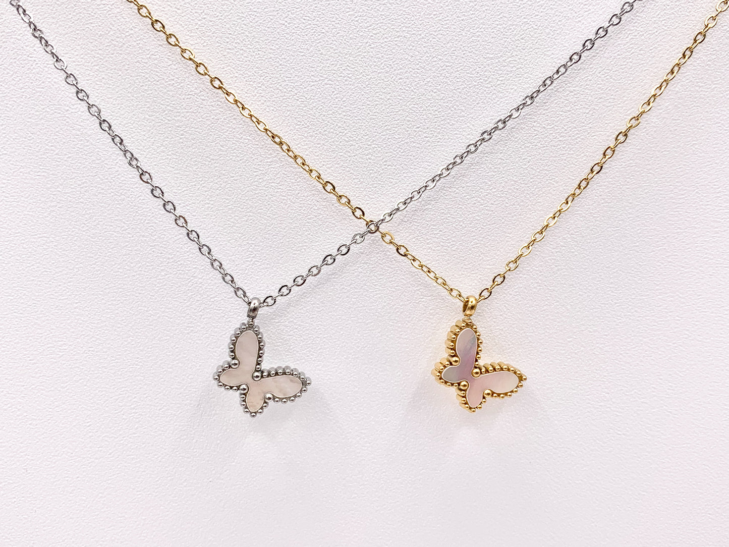 Delicate MOP Butterfly Necklace Gold/Silver Plated Stainless Steel Dainty Flexible Minimalist Finished Necklace 16" with Extension Link