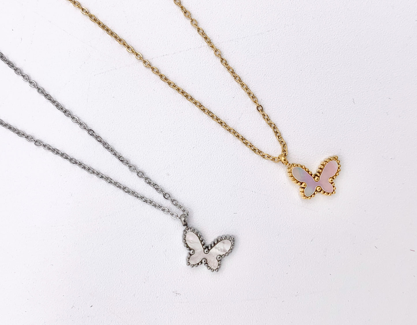 Delicate MOP Butterfly Necklace Gold/Silver Plated Stainless Steel Dainty Flexible Minimalist Finished Necklace 16" with Extension Link