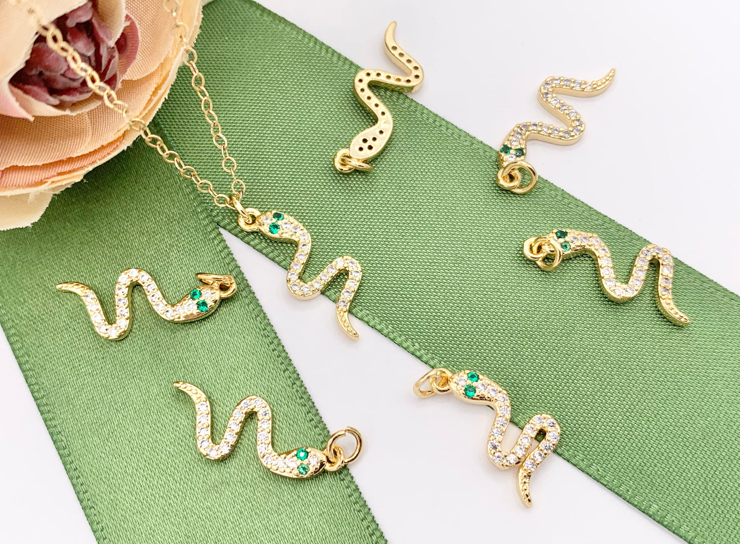Dainty Cute Snake Charms in Cubic Zirconia 18K Gold Plated Brass For Jewelry Making 10 PCS