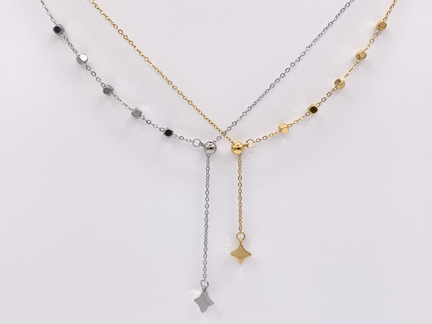 Delicate Slider Dangle Necklace Gold/Silver Plated Stainless Steel Dainty Flexible Minimalist Finished Necklace 16" with Extension Link