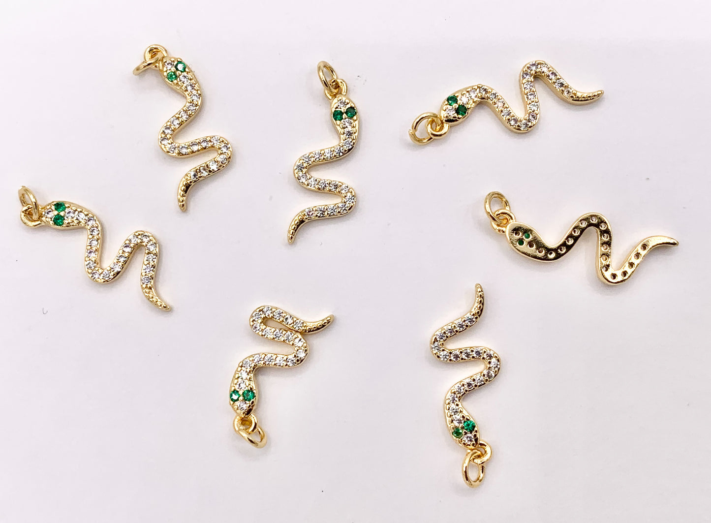 Dainty Cute Snake Charms in Cubic Zirconia 18K Gold Plated Brass For Jewelry Making 10 PCS