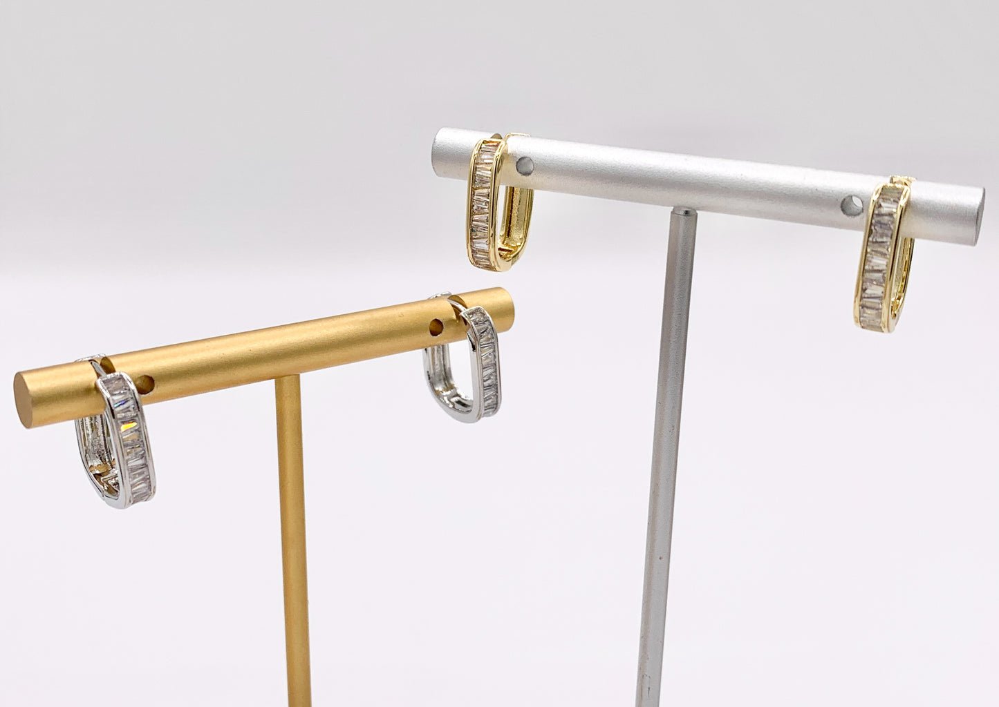 Oval Rectangle Earring Hoop Huggies in CZ Pave Real Gold/Platinum 18K Over Copper 4 PAIRS