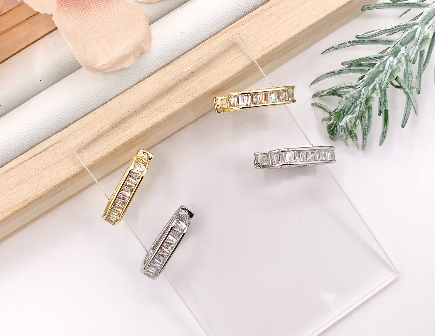 Oval Rectangle Earring Hoop Huggies in CZ Pave Real Gold/Platinum 18K Over Copper 4 PAIRS