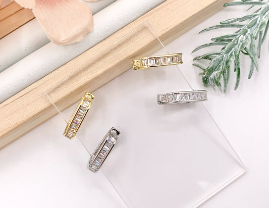 Oval Rectangle Earring Hoop Huggies in CZ Pave Real Gold/Platinum 18K Over Copper 4 PAIRS