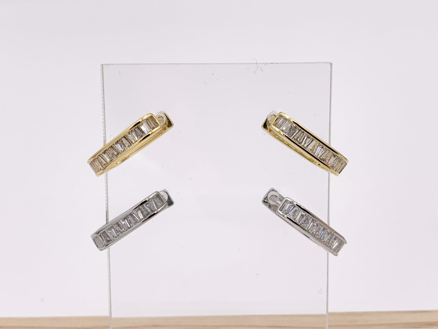 Oval Rectangle Earring Hoop Huggies in CZ Pave Real Gold/Platinum 18K Over Copper 4 PAIRS