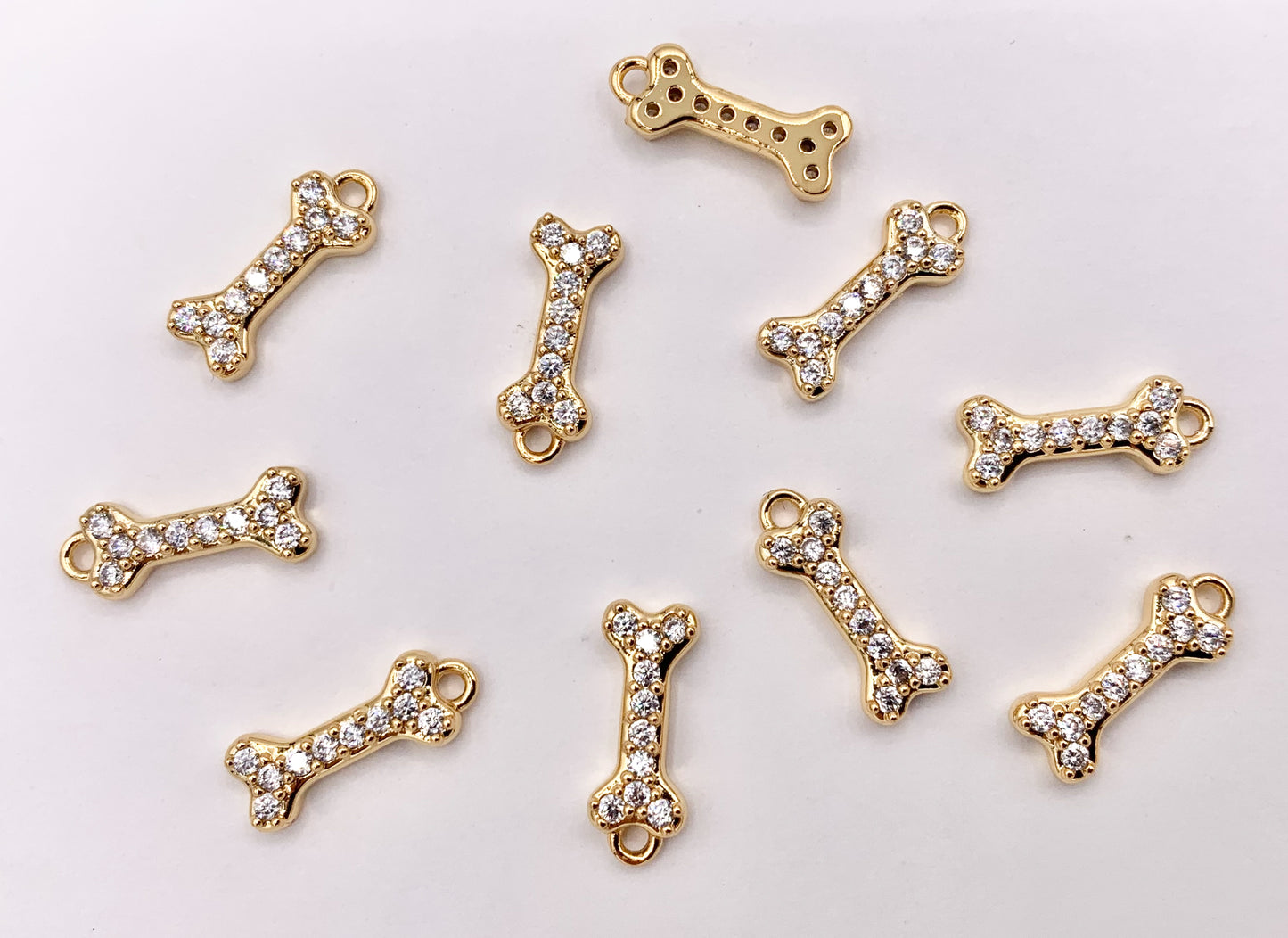 Tiny Cute Dog Bone Charms Small Bone Pendants in Real Gold 18K Plated CZ Pave Over Copper 10 PCS